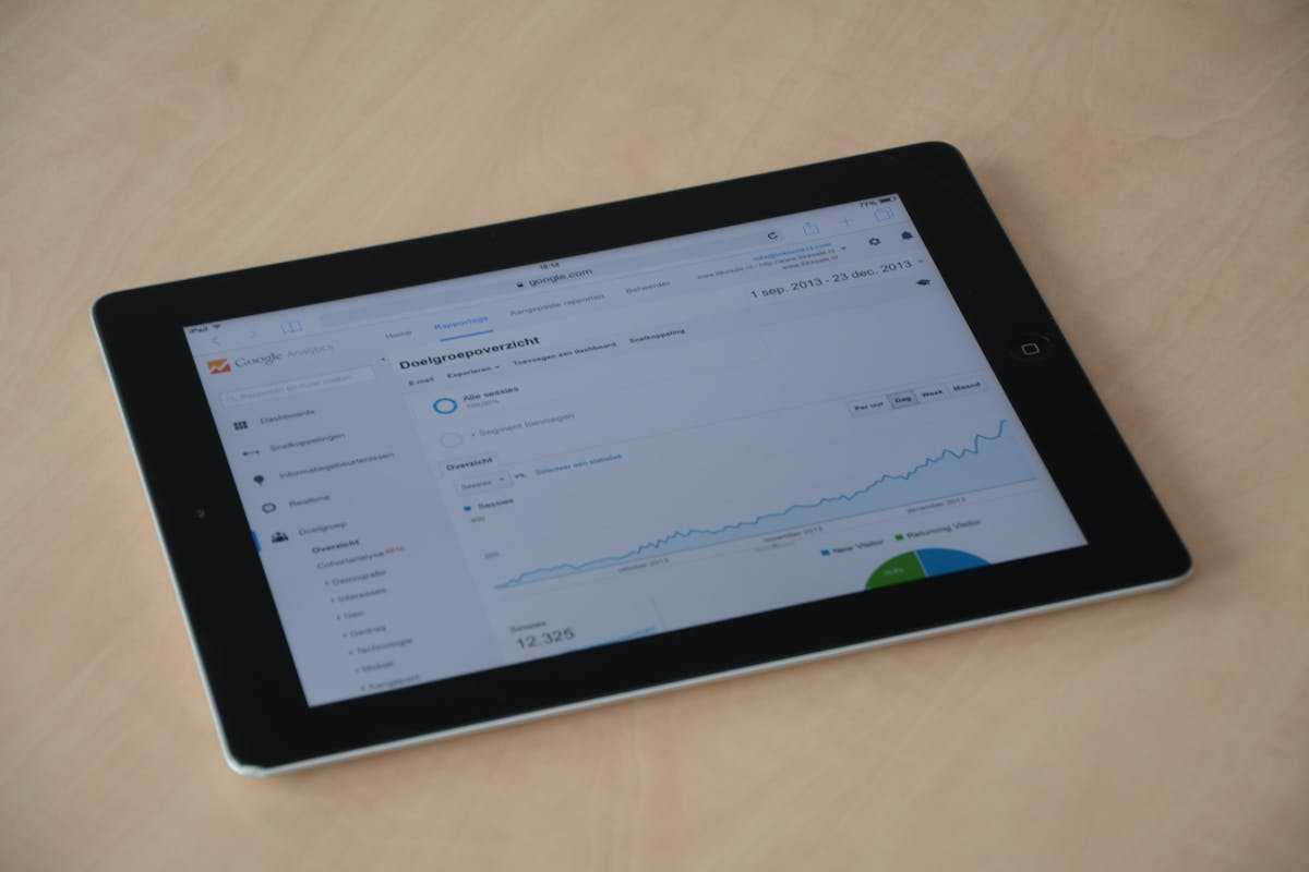 Digital tablet showing web analytics dashboard with graphs