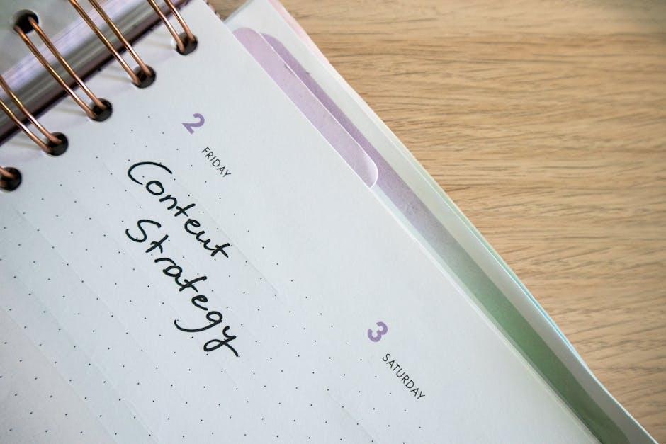 Notebook open to a day planner with content strategy written on it