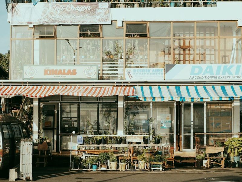 Charming street scene featuring local shops with colorful striped awnings and outdoor plants