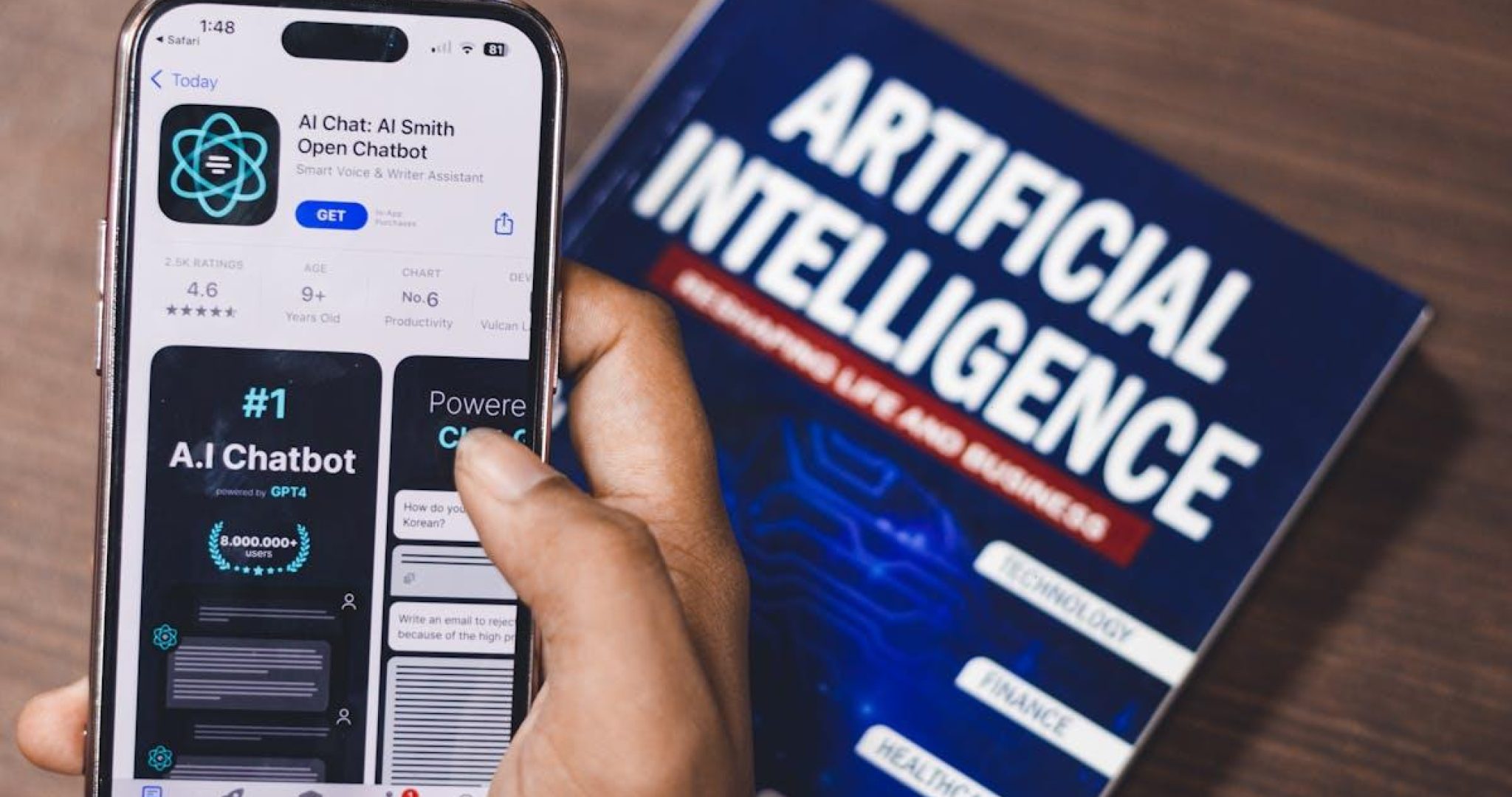 Smartphone displaying AI app surrounded by data and technology