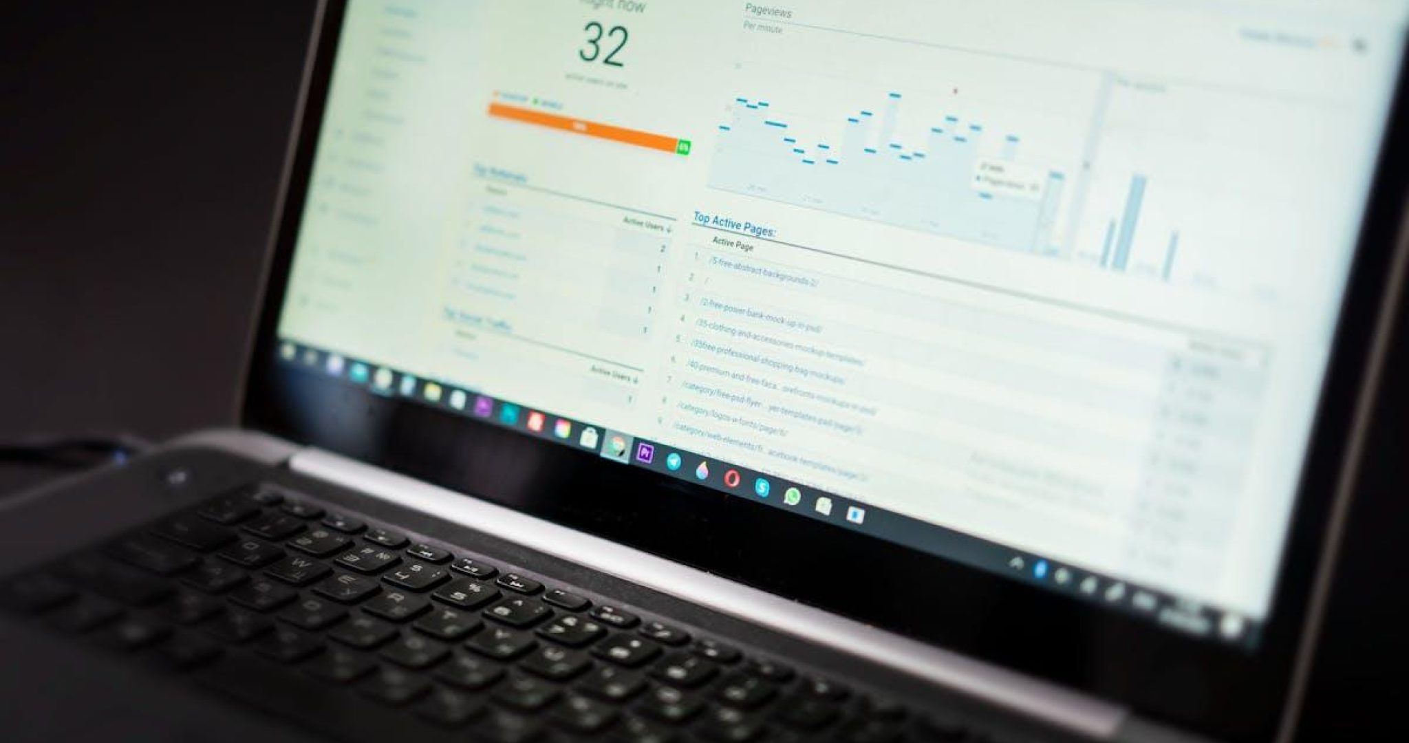 Laptop displaying social media analytics dashboard with charts and data