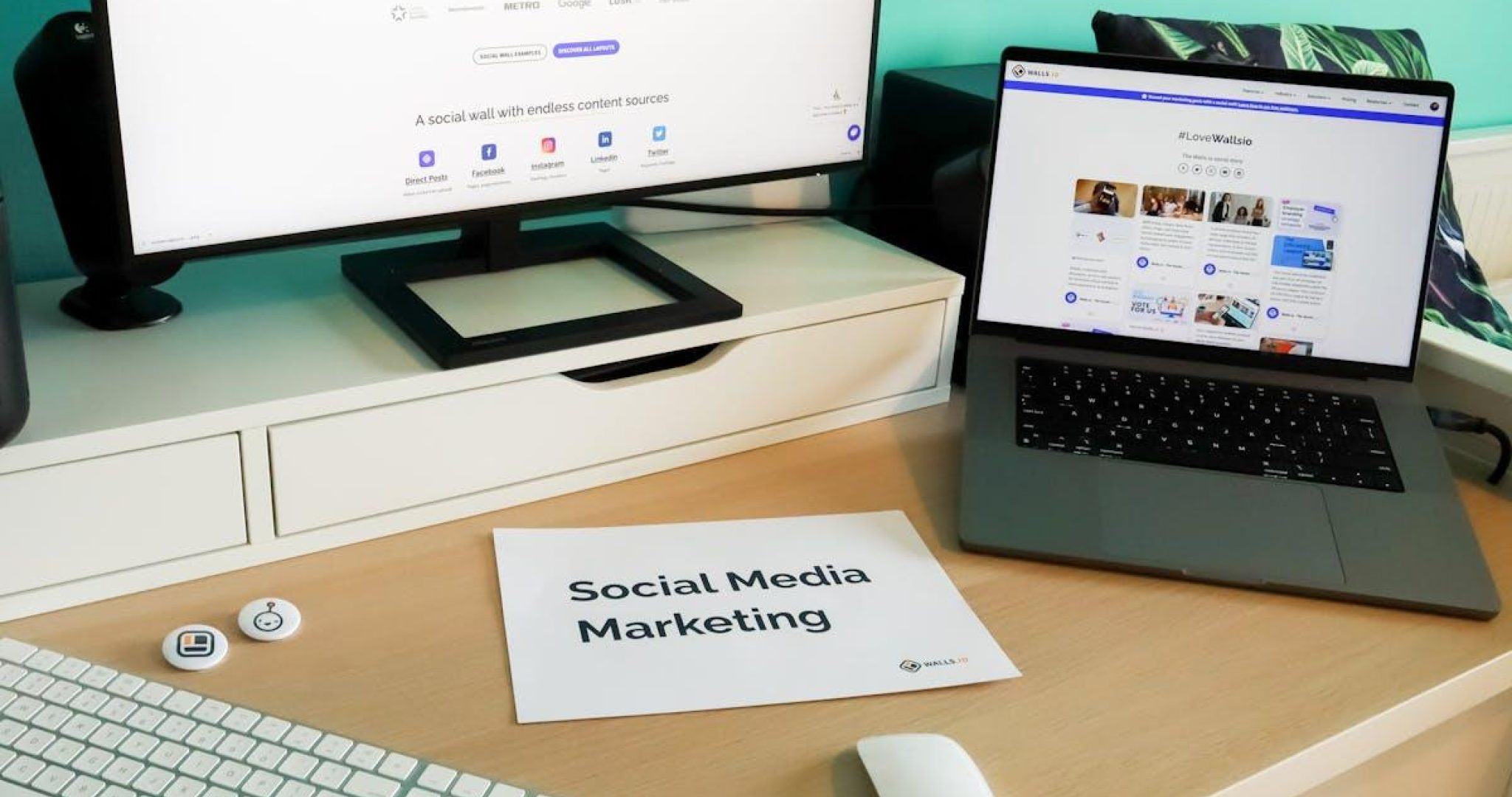 Stylish workspace with laptop and monitor for social media marketing