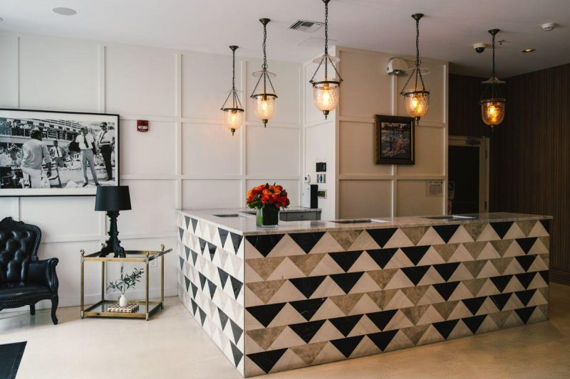 Elegant reception area of a boutique hotel with modern coastal design