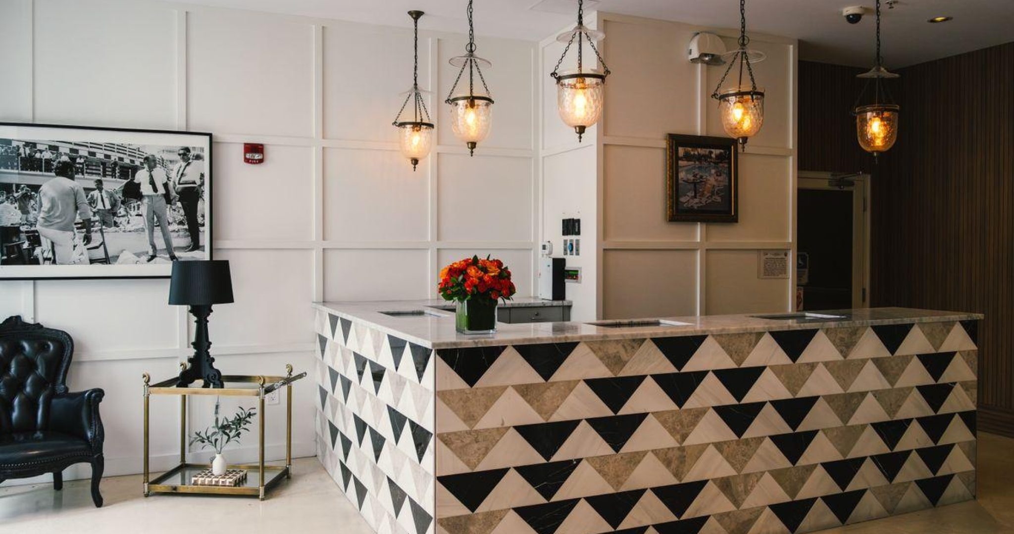Elegant reception area of a boutique hotel with modern coastal design