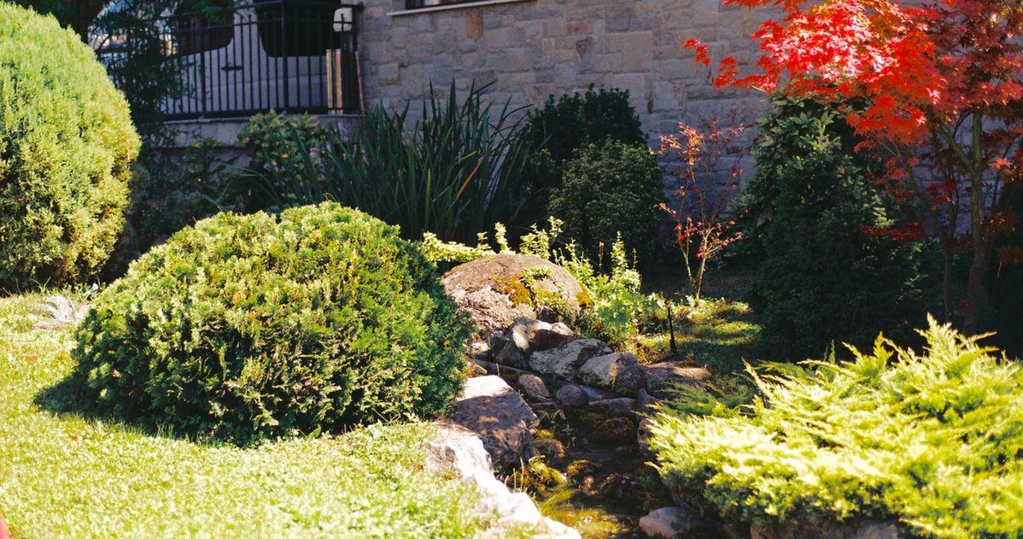 Landscaped garden featuring vibrant foliage, lush greenery and a stone pathway
